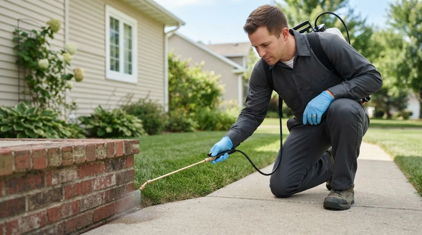 Pest control technician treating a home near Lottie, LA